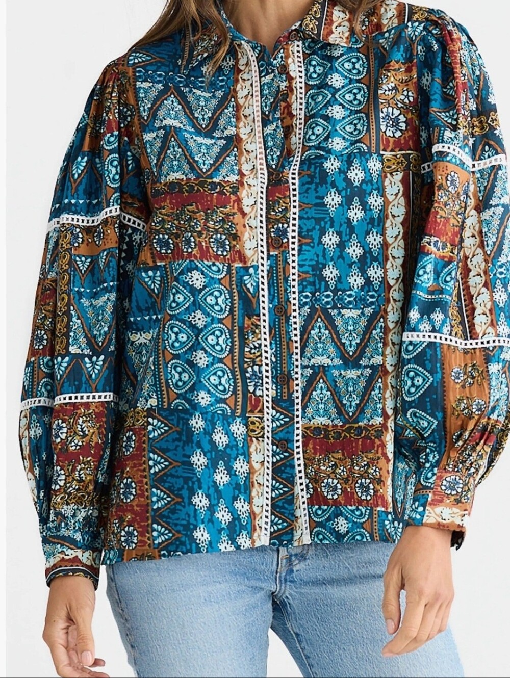 Talisman Castella Patchwork Print Cotton Button-Up Shirt, Size XS